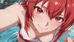 amelia_rose hyouken_no_majutsushi_ga_sekai_wo_suberu wet red_hair breasts partially_submerged wet_clothes red_eyes looking_at_viewer smile nipples pov rating:questionable swimsuit bikini wet_hair hair_between_eyes blush solo_focus nipple_slip water_drop long_hair medium_breasts from_above navel wet_shirt wading_pool white_bikini 1girls ai_generated artist_name artist_signature hi_res high_resolution highres kurutai subscribestar subscribestar_username uncensored