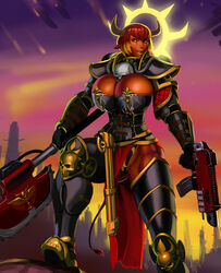 1girls adepta_sororitas aka6 armor bolter breasts corruption_of_champions cosplay cow_girl dark-skinned_female dark_skin excellia_(corruption_of_champions) female female_only gun imperium_of_man lactation large_breasts milk power_armor sister_of_battle solo_female tagme warhammer_(franchise) warhammer_40k