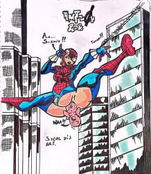 marvel marvel_comics spider-man_(series) spider-girl mayday_parker pregnant pregnant_female pregnant_belly pregnancy birth birthing birthing_in_clothes cloth_birth torn_clothes torn_bodysuit umbilical_cord spread_legs mask masked_female unmasking casual_birth postpartum_stomach baby_bump small_breasts breasts brown_hair city city_background simple_background blue_eyes amazonrider traditional_media_(artwork) traditional_art