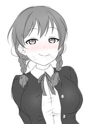 bedroom_eyes blush blushing braid breasts cum_in_mouth emma_verde female fully_clothed looking_at_viewer love_live! love_live!_school_idol_festival monochrome perfect_dream_project pubes smile smug smug_grin twin_braids twintails