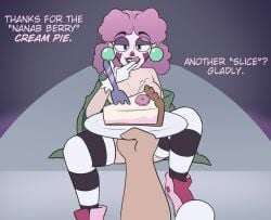 after_sex alternate_version_available censored clown clown_girl clown_makeup convenient_censoring cum dialogue female female_focus food green_eyes legs_apart licking looking_at_viewer on_bed original_character partially_clothed pov purple_hair thighhighs