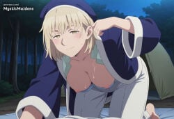 1girl breasts nipples underwear bra blonde_hair solo looking_at_viewer yellow_eyes white_pants all_fours night short_hair smile pants sweat hanging_breasts blue_bra open_clothes bra_pull hat blush outdoors tree barefoot large_breasts clothes_pull collarbone open_shirt long_sleeves forest ai_generated anime anime_style hentai hi_res mystic_maidens patreon falin_touden delicious_in_dungeon dungeon_meshi