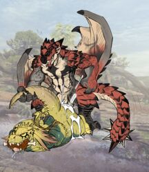 anal anal_sex anthro ass capcom cum cum_in_ass cum_on_ass daftpatriot dragon fanged_wyvern flying_wyvern great_jagras inflation lying male meat monster_hunter musclegut pecs penetration penis rathalos saliva sex tied_up video_games wings wyvern yaoi