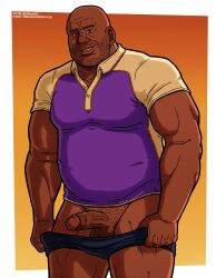 2d 2d_(artwork) 2d_artwork bald bara coach_(left_4_dead) cock daddy dark-skinned_male dark_skin fanart grabbing_penis hand_on_penis left_4_dead_(series) left_4_dead_2 looking_at_veiwer male_only penis smile solo stubble twitter_username