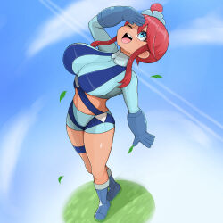 1girl ;d big_breasts blue_background blue_boots blue_eyes blue_gloves blue_shorts blue_sky boots breasts cleavage cloud commentary_request crop_top full_body game_freak gloves grass hair_between_eyes large_breasts leaves long_sleeves looking_up midriff navel nintendo one_eye_closed open_mouth pokemon pokemon_black_and_white pokemon_bw red_hair shading_eyes short_hair short_hair_with_long_locks short_shorts shorts sidelocks sky skyla_(pokemon) smile solo standing tan tan_body tan_skin tanned_female tasuba thick_thighs thigh_strap thighs upper_body wink winking_at_viewer