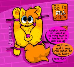 2024 anthro balls blush bodily_fluids bound butt chained_to_wall chastity_cage chastity_device dialogue domestic_cat dripping english_text felid feline felis femboy flexible freckled_butt freckles fur genital_fluids genitals hair legs_behind_head legs_up low_res male mammal nipples offscreen_character orange_hair orange_tail penis pink_chastity_cage precum precum_drip presenting presenting_hindquarters public_use restrained restraints smbeady solid_chastity_cage solo spreader_bar sweat tail text wall_(structure) wearing_chastity_cage wearing_chastity_device yellow_body yellow_fur