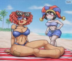 2025 2girls artist_name beach big_ass big_breasts bikini black-haired_female black_hair breasts button button_eye doll doll_girl female female_focus female_only glitch_productions gooseworx jester jester_girl jester_hat kamikamatayan kamisulit large_breasts laying_on_towel laying_on_towel_at_beach light-skinned_female light_skin patch patchwork_skin pomni pomni_(beach_outfit) pomni_(tadc) pomni_(the_amazing_digital_circus) ragatha ragatha_(beach_outfit) ragatha_(tadc) ragatha_(the_amazing_digital_circus) ragdoll rear_view red-haired_female red_hair red_hair_female redhead_female stitch_(sewing) stitches sunglasses swimming_trunks the_amazing_digital_circus thick_thighs thighs tube_top