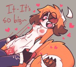 aboredsnek sol_(jizoku) helluva_boss hellhound dog_ears dog_girl dog_tail red_eyes short_hair breasts nipples pink_nipples pussy holding_arms red_dick dick_in_pussy belly_bulge heart-shaped_pupils orange_hair orange_fur white_fur one_eye_closed blushing hearts_around_head