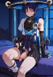 ai_generated ai_assisted ai ai_art boy male_only male gay gay_male yaoi femboy klyvenar genshin_impact wanderer_(genshin_impact) penis bed sitting teasing