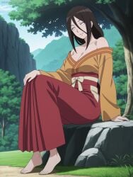 1girls ai_generated artkoikoi arms_at_sides bare_chest bare_legs barefoot bare_shoulders bare_thighs belt big_breasts blush boruto:_naruto_next_generations breasts brown_hair busty clothed_female clothing curvaceous feet female female_only full_body front_view huge_breasts hyuuga_hanabi kimono legs_together long_hair looking_at_viewer low-tied_long_hair low_ponytail naruto naruto_(series) no_bra no_bra_under_clothes nose_blush obi off_shoulder open_clothes open_kimono oppai outdoors pink_lips pinup plain_background pupilless_eyes revealing_clothes ribbon sash skimpy skimpy_clothes skindentation skirt smooth_skin solo solo_focus sitting rock thick_thighs thighs upper_body very_long_hair violet_eyes voluptuous wide_hips wide_sleeves yukata watermark