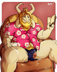 1boy 2018 2d absurd_res anthro anthro_male anthro_only arm_hair armchair asgore_dreemurr balls bara beard beverage blonde_hair blue_bottomwear blue_clothing blue_underwear body_hair book border boss_monster caprine captain_nikko chair chest_hair clothed clothing crown cup digital_media_(artwork) eyebrows facial_hair flaccid foreskin front_view fur furry furry_male furry_only goat hair hairy happy_trail hawaiian_shirt hi_res holding_book holding_cup holding_object horn humanoid humanoid_male humanoid_only humanoid_penis king leg_hair long_ears long_foreskin male male_only mammal mammal_humanoid mature_male monster outside_border penis penis_through_leghole pink_background pink_balls pink_clothing pink_penis pink_shirt pink_topwear poking_out reading red_eyes royalty shirt short_hair signature simple_background sitting smile solo spread_legs spreading uncut undertale undertale_(series) underwear unretracted_foreskin video_games white_border white_fur white_horn yellow_eyebrows