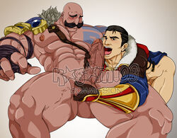 2boys abs annoying_watermark bald bara black_hair bottomless braum caressing_balls cock_hungry erect_nipples erection facial_hair fellatio gay holding_penis huge_balls huge_cock imminent_penetration jayce_talis kagami06 league_of_legends male_focus male_only mouth_open multiple_boys muscle mustache pecs penis size_difference tattoos testicles thick_thighs tongue_out veiny_muscles veiny_penis yaoi