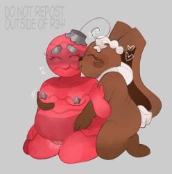 dandy's_world dandys_world bobette_(dandy's_world) cocoa_(dandy's_world) 2girls wlw nude nude_female teasing consensual kissing_cheek kiss bunny_girl non-human blush simple_background