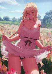 1girls absurd_res artoria_pendragon_(caster) ass_visible_through_thighs big_breasts black_bra black_panties blonde_hair blush bra bra_strap_down breasts dress dress_lift fate/grand_order fate_(series) female female_only flower_field flowers glasses kakeku legs_apart long_hair panties presenting_panties smile solo_female standing tagme teeth_showing thick_thighs thigh_gap underwear white_dress wide_hips