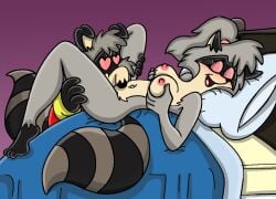 anthro bed bert_raccoon blush breast_grab breasts cunnilingus duo eating female fur furniture grey_body grey_fur hair hand_on_breast heart_eyes heart_symbol lisa_raccoon male male/female mammal markings nipples oral ponytail procyonid raccoon ring_(marking) ringed_tail sex shinragod spread_legs spreading striped_markings striped_tail stripes tail tail_markings the_raccoons vaginal_penetration