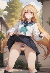 1futa ai_generated blush chastity_cage futanari jouthechou koshi_torako more_at_source my_deer_friend_nokotan no_panties outdoors precum_drip presenting_crotch sad_face school_uniform serafuku shikanoko_nokonoko_koshitantan skirt skirt_lift solo_futa standing teary_eyes testicles