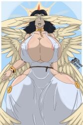 1girls 2d 2d_(artwork) 6_wings anemone_antimony angel angel_girl angel_wings ankh areola areola_slip areolae_slip ass_visible_from_the_front ass_visible_through_thighs big_ass big_nipples black_hair breasts_bigger_than_head christianity collar covered_eyes curvy curvy_figure doll_joints feathered_wings female gigantic_breasts halo hourglass_figure huge_ass huge_breasts light_skin long_hair mask masked nipples nipples_visible_through_clothing pussy_visible_through_clothes religion revealing_clothes robe robes self_upload seraph shiny_skin skimpy skimpy_clothes solo solo_female solo_focus thick_thighs voluptuous wide_hips wings