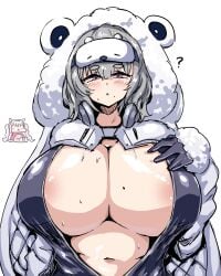 2girls :x ? alice_(nikke) animal_hood areola_slip blue_bodysuit blue_gloves blush bodysuit breasts chibi_inset cleavage fur_trim geist43195783 goddess_of_victory:_nikke grey_eyes grey_hair headphones hi_res hoodie huge_breasts looking_at_viewer mask medium_hair mole mole_on_breast navel neve_(nikke) no_bra open_clothes pink_bodysuit pink_hair shrug_(clothing) sitting solo_focus stomach sweat twintails