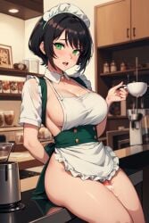 1futa ai_eyes ai_generated apron barista black_hair coffee coffee_mug coffee_shop cum green_hair huge_ass huge_breasts legs_together short_hair thick_thighs