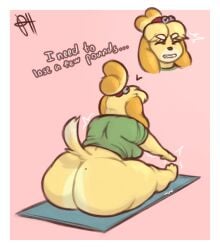 animal_crossing anthro bell bottomless canid canine canis clothing domestic_dog female isabelle_(animal_crossing) mammal nintendo perfecthorizon shih_tzu shirt solo solo_topwear stretching t-shirt topwear toy_dog yoga yoga_mat