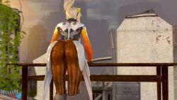 1girls back_view background bent_over big_butt blonde_hair clothing faceless_female facing_away female female_focus female_only hyliamsfm mercy overwatch ponytail shiny_clothes solo wide_hips