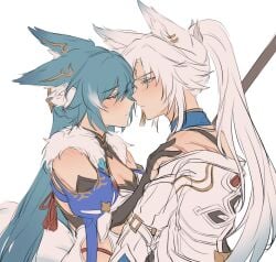 2d 2girls armwear blue_eyes blush blushing body_scars canine_humanoid cleavage cleavage_cutout clothed clothed_female color colored coloured duo ear_piercing ears_back feixiao_(honkai:_star_rail) female/female female_only fox_humanoid fully_clothed fully_clothed_female fur_collar furgonomics green_hair hand_on_another's_shoulder hand_on_shoulder holding holding_close holding_partner honkai:_star_rail honkai_(series) hoyoverse intimate kemonomimi light-skinned_female light_skin looking_at_another looking_at_partner pierced_ears piercing polychrome scar scar_on_back simple_background tagme tail topwear very_long_hair waist_up white_background white_hair white_sclera yukong_(honkai:_star_rail) yurenn yuri