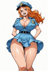 ai_generated alluring big_breasts blush breasts brown_eyes cleavage female female_only kneeling long_hair looking_at_viewer nami nami_(one_piece) no_panties one_piece open_mouth orange_hair police_hat police_officer police_uniform policewoman seducing seduction seductive seductive_body seductive_eyes seductive_gaze seductive_look seductive_mouth seductive_pose shiny_hair shiny_skin skirt sweat sweatdrop sweating sweaty sweaty_body voluptuous voluptuous_female yashin