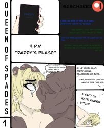 blackmail blonde_female blonde_hair cellphone cheating cheating_wife comic comic_page comic_panel comic_strip disgusting fat_man forced forced_kiss imminent_penetration imminent_sex old_man petite qos qos_clothing queen_of_spades rough_sex shocked_expression surprised text text_box