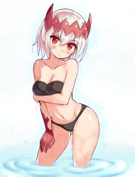 arm_under_breasts bikini blush cougar1404 dragon_girl dragon_marked_for_death empress_(dmfd) horn horns inti_creates looking_at_viewer red_eyes red_scales scales scar swimsuit thigh_gap water wet white_hair