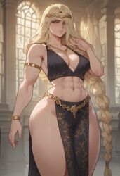 1girls abs ai_generated armlet bare_shoulders black_dress blonde_hair bracelet braid breasts dress elden_ring female fit fit_female fromsoftware hair_over_one_eye jewelry long_hair medium_breasts navel necklace pelvic_curtain queen_marika_the_eternal revealing_clothes solo taller_female tarnished thick_thighs voluptuous wide_hips yellow_eyes