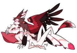 2boys aftercare angel_dust_(hazbin_hotel) anthro blush cuddling furry hazbin_hotel husk_(hazbin_hotel) licking licking_face lying male/male tail white_background wings yaoi