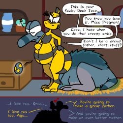 agu annoyed dialogue dinosaur duo egg female furry heart_symbol humanoid kakroon lying male male/female no_breasts pregnant prehistoric_species reptile scalie semi-anthro smug speech_bubble text zniw zniw_adventure