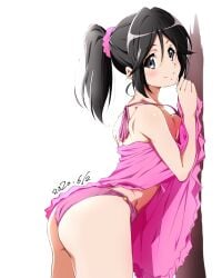 against_wall ass back bare_arms bare_back bare_legs bare_shoulders bare_thighs big_breasts bikini black_eyes black_hair blush body_blush breasts camisole closed_mouth hibike!_euphonium kasaki_nozomi leaning_forward long_hair pink_bikini pink_camisole ponytail shiny_skin smile thighs tsuji643163271