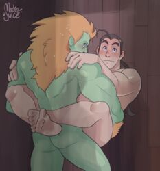 2boys against_wall anal ass bara barefoot blanka blush capcom dan_hibiki gay green_skin human lifting machojuice male male_focus male_only multiple_boys muscle nude sex street_fighter sweat walk-in yaoi