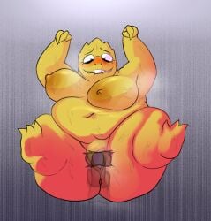 alphys anthro big_breasts blush bodily_fluids breasts buckteeth disembodied_penis duo eyewear female genitals glasses male male/female musk musk_clouds nipples overweight overweight_female oxkingky penis solo_focus spread_legs spreading sweat tail teeth thrusting undertale undertale_(series) yellow_body