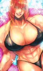 1girls abs bangs big_breasts bikini black_bikini blush breasts clavicle clothing cowboy_shot diagonal_bangs female green_eyes highres huge_breasts large_breasts looking_at_viewer marisa_rossetti mole mole_under_eye muscle muscular muscular_female navel open_mouth pectorals red_hair revealing_clothes short_hair sidelocks smile solo solo_female spread_legs street_fighter street_fighter_6 thick_thighs thighs white_background zmnjo1440