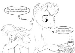 2016 beverage coffee cup dialogue english_text equine feathered_wings feathers feral flash_sentry_(mlp) food friendship_is_magic magazine male mammal monochrome my_little_pony pegasus silfoe simple_background sketch solo text wings