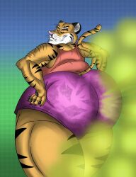 anthro ass big_butt claws clothed clothing fart fart_cloud farting_at_viewer felid gassy hi_res male mammal obese obese_anthro obese_male overweight overweight_anthro overweight_male pantherine presenting presenting_hindquarters raised_tail smelly solo stripes sunflower_fox tail thick_thighs tiger