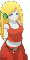 1:2 1girls alpha_channel android belt blonde_hair blue_eyes breasts cave_story curly_brace doukutsu_monogatari earpiece eyes_half_closed female for_sticker_use hair looking_at_viewer manyakis mike_inel navel pants png red_outfit sticker_template transparent_background transparent_png