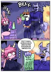 anthro antlers bovid brown_body brown_fur canid canine canis caprine clothed clothing comic dialogue digital_media_(artwork) dildo female femboy fur fzst goat grey_body grey_fur group hair hi_res horn lagomorph leporid male mammal open_mouth pink_body pink_fur pink_hair police police_uniform rabbit renita_reed sex_toy spanish_text speech_bubble surprised_face surprised_look tail teeth text topwear trio uniform white_body white_fur wolf