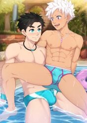 abs avan_geiserford black_hair blue_eyes blush blush erect_nipples gay gay_male gay_sex happy jock_studio male male/male muscles muscular muscular_male nipples open_legs pink_nipples pool purple_eyes sex suiton sweat white_hair yaoi young younger_male yuuto_nakajima