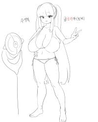 1girls :3 bikini breasts cleavage female female_only gloria_(library_of_ruina) gya_rb hand_on_hip huge_breasts humanized korean_text library_of_ruina long_hair looking_at_viewer project_moon smile solo swimsuit tied_hair twintails v