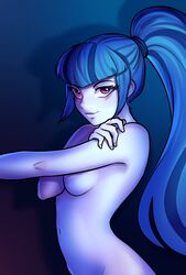 blue_hair blush breasts equestria_girls female friendship_is_magic human humanized long_hair looking_at_viewer my_little_pony navel nipples nsfwee nude outstretched_arm pink_eyes ponytail rainbow_rocks smile solo sonata_dusk two_tone_hair