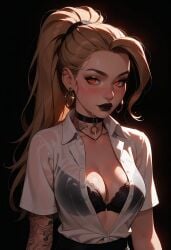 1girls ai_generated big_breasts blonde_hair business_suit business_woman female goth_girl hi_res high_resolution highres seductive skirt stable_diffusion