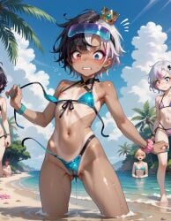 ai_generated asexual beach crown e-sekai flat_chest gyaru heterochromia idol-en idol_corp multicolored_hair rin_penrose swimsuit tan_skin virtual_youtuber vtuber wardrobe_malfunction