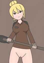 1girl 1girls alternate_version_available blonde_hair bottomless breasts brown_shirt clothed_female clothing english english_text female female_only hair_bun looking_at_viewer pants_down partially_clothed pussy roblox roblox_game robloxian shirt short_hair slammer_(tower_defense_x) sledgehammer tagme thighs tnt5566th tower_defense_x uninterested