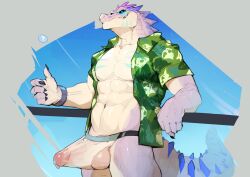 abs absurd_res anthro balls biped claws clothing crocodilian dendryte_axxon erection finger_claws flipping_coin genitals hi_res male male_only muscular muscular_anthro muscular_male navel reptile scalie shirt tail topwear white_body