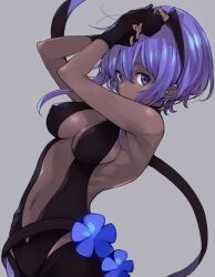 backless_outfit bare_arms bare_belly bare_shoulders belly_button big_breasts black_gloves black_skin breasts cleavage fate/prototype fate/prototype:_fragments_of_blue_and_silver fate_(series) gloves hairband hassan_of_serenity_(fate) hip_bones imigimuru nipples_visible_through_clothing purple_eyes purple_hair short_hair sideboob