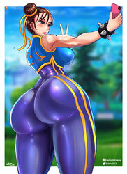 1girls ass big_ass big_breasts big_butt blush bottom_heavy breast brown_eyes brown_hair bubble_ass bubble_butt capcom chun-li delta26 female_only huge_ass large_breasts round_ass round_butt selfie sideboob standing street_fighter thick_ass thick_thighs thighs tight_clothing video_games voluptuous wide_hips