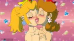 2girls animated ass_slap big_breasts blonde_hair blue_eyes blush brown_hair butt_slap crown giggling kissing lesbian mario_(series) mirror mirror_image mirrored_image princess_daisy princess_peach sakusakupanic saliva saliva_string saliva_trail slapping_butt tagme tongue video yuri